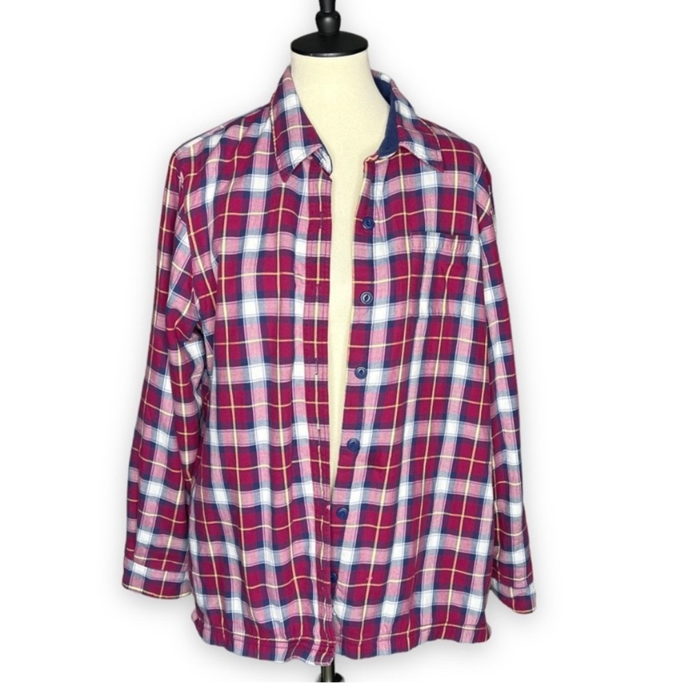 LL Bean Button Up Fleece Lined Plaid Flannel Shirt Shacket Size Large